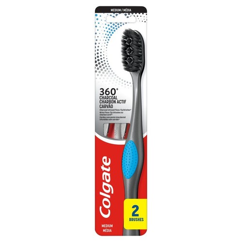 Dwie szczoteczki Colgate 360° Charcoal z czarnymi włóknami z węglem aktywnym. Szare rączki z niebieskim uchwytem.