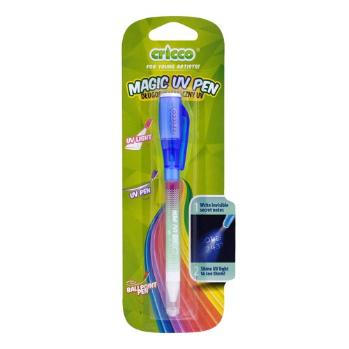 Długopis Cricco Magic UV Pen w opakowaniu typu blister. Umożliwia pisanie niewidzialnych notatek, które można odczytać za pomocą wbudowanej lampki UV. Produkt przeznaczony dla młodych artystów, rozwijający kreatywność.