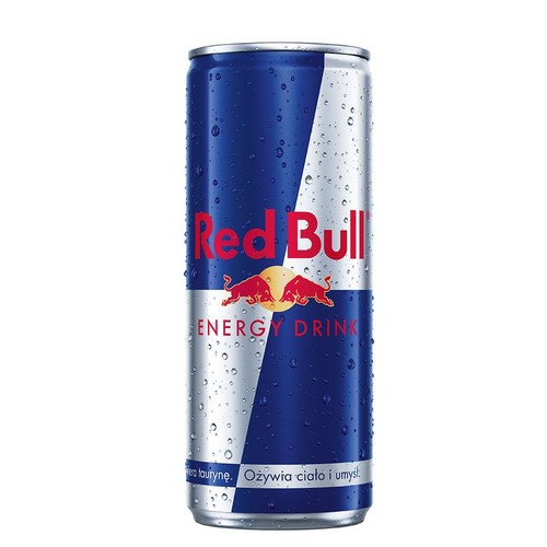 Puszka napoju energetycznego Red Bull. Ma niebiesko-srebrny design z logo dwóch byków i napisem "ENERGY DRINK". Pokryta kroplami wody.