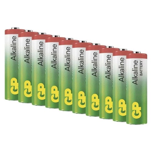 Widok z boku na dziesięć cylindrycznych baterii alkalicznych GP. Mają zielono-białe etykiety z napisem "Alkaliczne" i logo "GP", oraz czerwone bieguny dodatnie. Ułożone są w rzędzie.