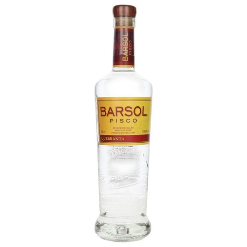 Butelka Pisco BarSol Quebranta o pojemności 700 ml. Przezroczysta butelka z żółtą etykietą i brązowym korkiem. Alkohol 41.5%.