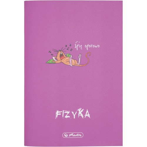 Okładka zeszytu w kolorze fioletowym. Centralnie umieszczona ilustracja beżowej myszy śpiącej na zielonej poduszce, z otwartym pyszczkiem. Powyżej myszy tekst "śpię oporowo". Na dole napis "FIZYKA" i logo Herlitz.