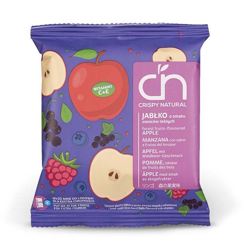 Opakowanie suszonych plastrów jabłek Crispy Natural z witaminami C+E. Grafika przedstawia jabłka i owoce leśne.