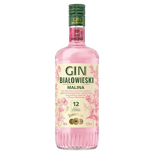 Gin Białowieski Malina w szklanej butelce 700 ml, 37.5% obj. alkoholu. Etykieta w jasnych barwach z motywem malin i liści. Zawiera tekst "12 z Puszczy Białowieskiej" oraz "Żubrówka". Produkt z zieloną zakrętką, gotowy do spożycia.