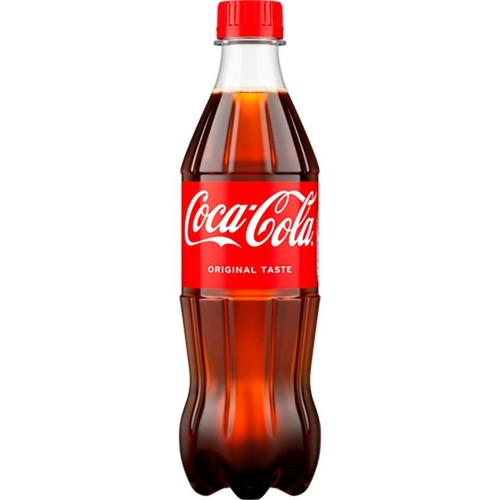 Butelka Coca-Coli z czerwoną etykietą i białym napisem. Czerwona zakrętka.