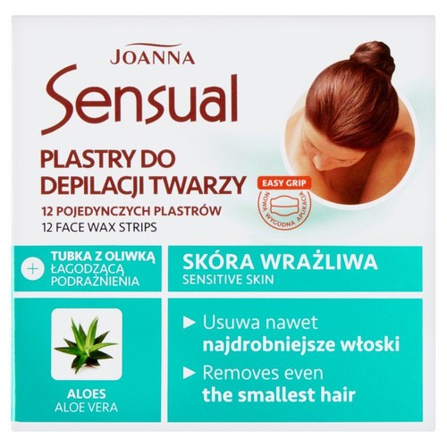 Kartonowe opakowanie plastrów woskowych Joanna Sensual, 12 sztuk. Do depilacji twarzy, z aloesem i oliwką. Dla skóry wrażliwej.