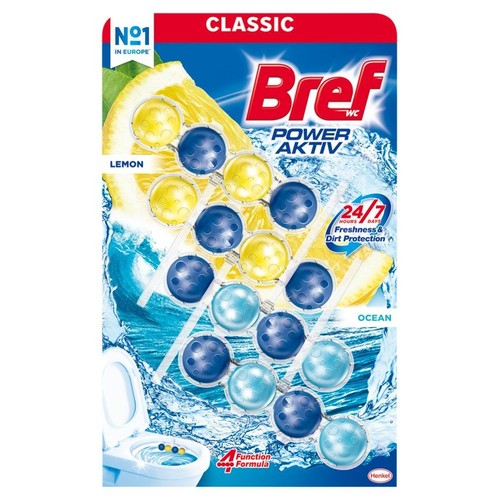 Bref WC Power Aktiv Classic, kostki do toalety z formułą 4 funkcji. Zawiera kulki o zapachu cytryny i oceanu.
