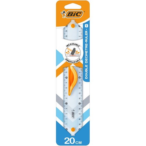 Linijka BIC 20 cm, niełamliwa, zapakowana w blister. Przezroczysta linijka z czarnymi podziałkami i pomarańczowym, ergonomicznym uchwytem. Opakowanie ma pomarańczowo-niebieskie tło i logo BIC.