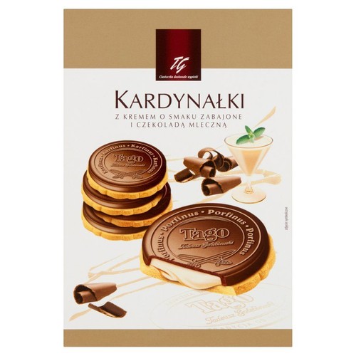 Opakowanie ciastek Tago Kardynałki z kremem o smaku zabajone i czekoladą mleczną. Grafika przedstawia stos ciastek i jedno przekrojone.