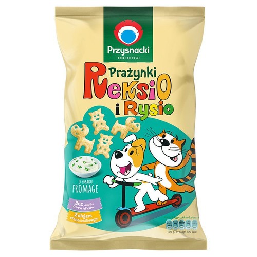 Żółte opakowanie prażynek Przysnacki Reksio i Rysio o smaku fromage, 100 g. Na froncie wizerunki psa Reksia i kota Rysia na hulajnodze, obok miseczka z dipem i prażynki w kształcie zwierząt. Bez barwników, z olejem słonecznikowym.