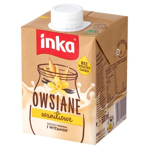 Karton napoju owsianego Inka Waniliowe, 500 ml. Na opakowaniu grafika słoika z płatkami owsianymi i wanilią. Bez dodatku cukru.