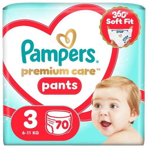 Opakowanie pieluchomajtek Pampers Premium Care Pants, rozmiar 3 (6-11 kg), 70 sztuk.