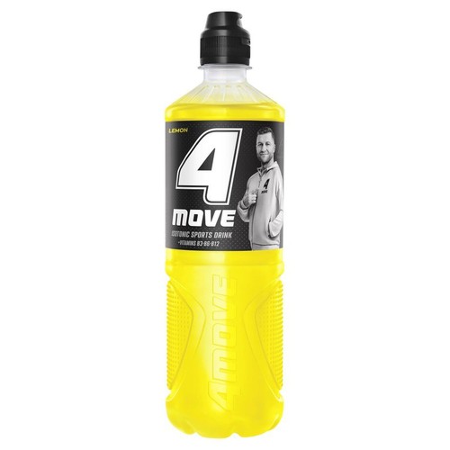 Butelka napoju izotonicznego 4MOVE o smaku cytrynowym. Na etykiecie logo 4MOVE i grafika mężczyzny. Zawiera witaminy B3, B6, B12.