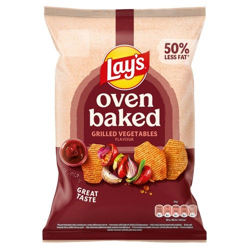 Chipsy Lay's Oven Baked, smak grillowanych warzyw. Opakowanie z napisem "50% mniej tłuszczu".