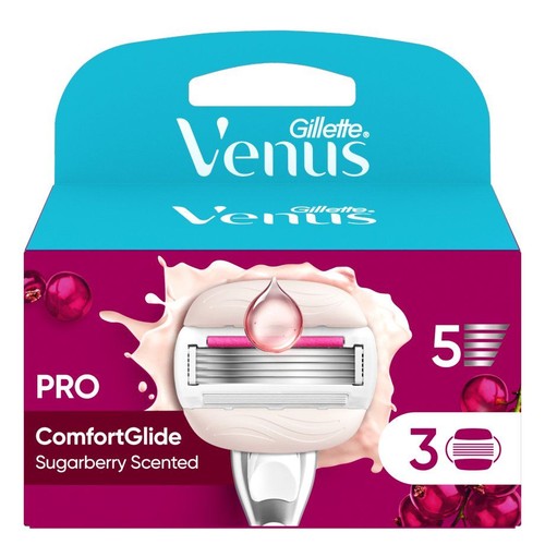 Opakowanie 3 wkładów do maszynki Gillette Venus ComfortGlide Pro o zapachu Sugarberry. Wkłady posiadają 5 ostrzy.