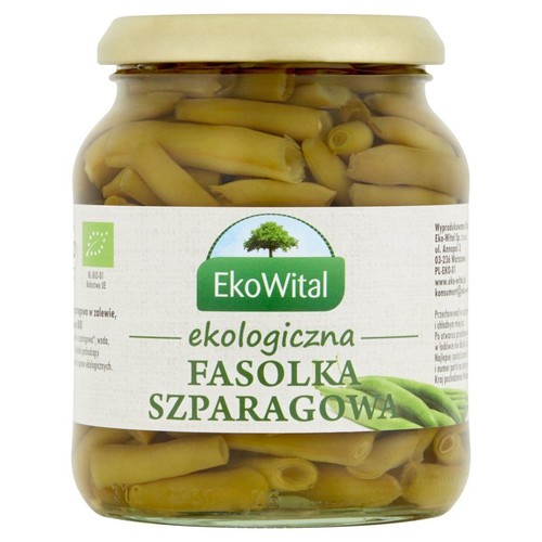 Słoik ekologicznej fasolki szparagowej EkoWital w zalewie. Zielona etykieta z logo drzewa i napisem "ekologiczna".