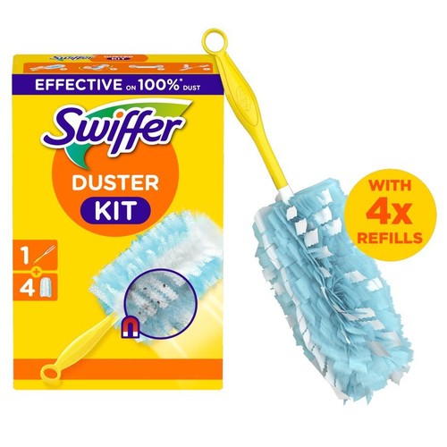 Zestaw Swiffer Duster Kit z żółtą rączką i niebiesko-białą miotełką. W zestawie 4 wkłady uzupełniające.
