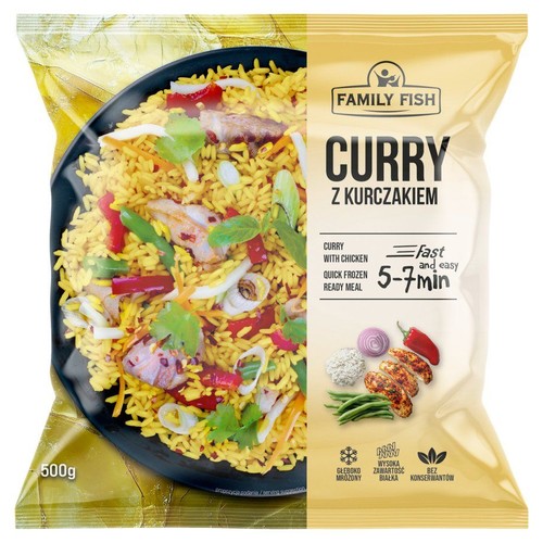 Opakowanie Family Fish Curry z kurczakiem, 500g. Na zdjęciu gotowe danie: żółty ryż, kurczak, warzywa. Szybkie mrożone danie, 5-7 min.