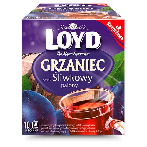 Herbata Loyd Grzaniec Śliwkowy palony w fioletowym pudełku, 10 torebek. Z ilustracją śliwek i napoju.