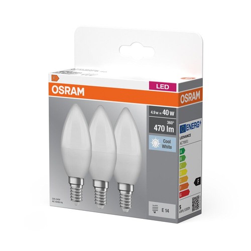 Opakowanie 3 żarówek LED OSRAM E14, 4.9W, 470 lumenów, światło zimne białe. Energooszczędne.