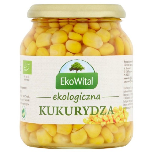 Ekologiczna kukurydza w szklanym słoiku z zakrętką. Na etykiecie nazwa EkoWital i symbol zielonego listka.
