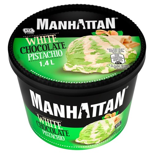 Czarne, okrągłe opakowanie lodów Manhattan o smaku białej czekolady i pistacji, o pojemności 1,4 litra. Na wieczku i boku widnieje grafika przedstawiająca gałkę zielono-białych lodów, pistacje i kawałki białej czekolady. Logo UTZ Certified.