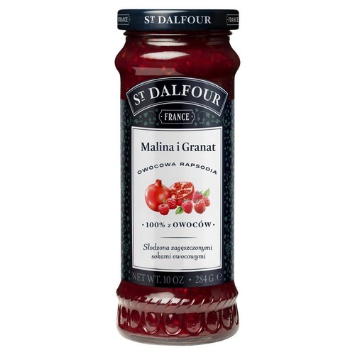 St Dalfour Owoce Malina i Granat, 284g. Dżem słodzony sokami owocowymi. Na etykiecie grafika malin i granatu.