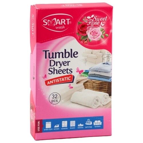 Różowe opakowanie chusteczek do suszarki bębnowej SMART wash Tumble Dryer Sheets Antistatic Sweet Rose, zawierające 32 sztuki. Na opakowaniu widoczne są dwie różowe róże, motyle oraz stosy złożonego prania.
