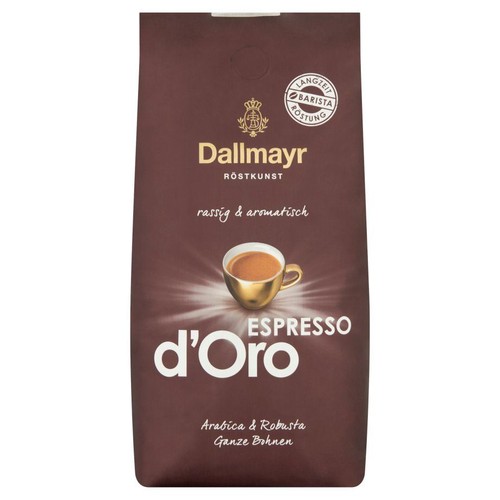 Kawa ziarnista Dallmayr Espresso d'Oro, mieszanka Arabica i Robusta. Opakowanie brązowe z grafiką filiżanki.