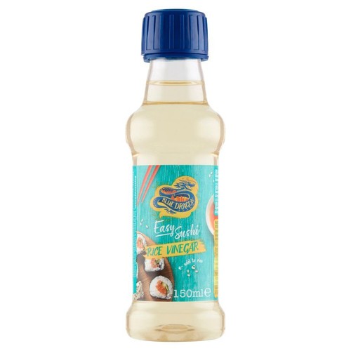Przezroczysta butelka 150 ml octu ryżowego Blue Dragon Easy Sushi z niebieską zakrętką. Etykieta przedstawia sushi.