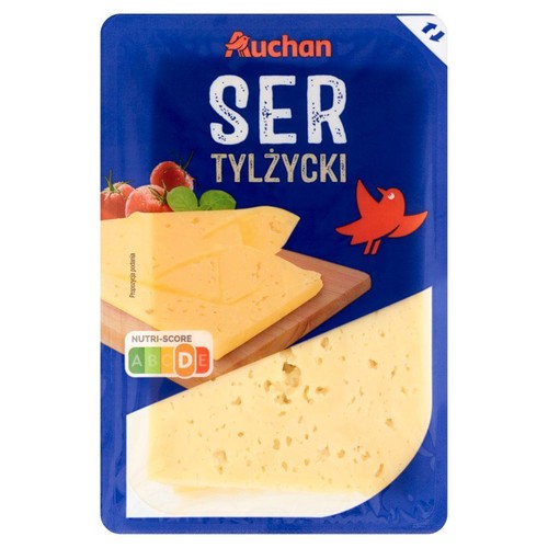 Ser Tylżycki marki Auchan w niebieskim opakowaniu. Z przodu grafika z plastrami sera i czerwonym ptakiem.