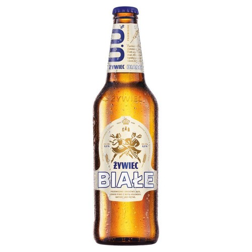 Brązowa butelka piwa Żywiec Białe 0.0% pokryta kroplami kondensacji. Ma niebieski kapsel. Na białej etykiecie widnieje nazwa "Żywiec Białe", logo z dwiema tańczącymi postaciami oraz informacja "0.0%". To piwo pszeniczne i orzeźwiające.