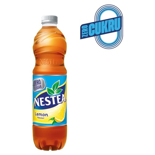 Napój Nestea Lemon w plastikowej butelce z białą zakrętką. Etykieta z napisem "Zero Sugar" i grafiką cytryny.
