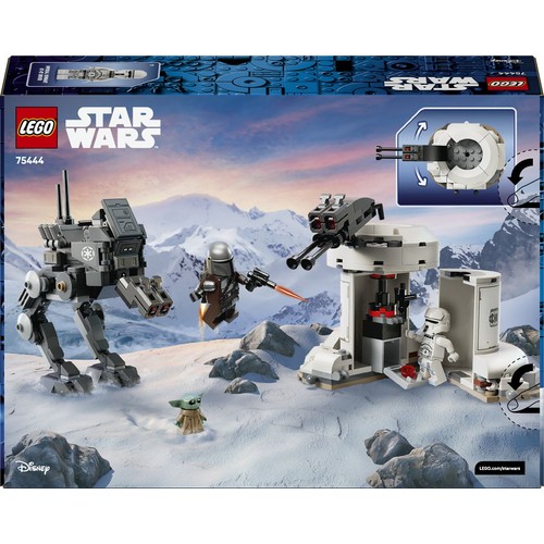 Zestaw LEGO Star Wars 75320. Na tle ośnieżonych gór widoczny jest szary AT-ST, Mandalorianin z jetpackiem, Grogu oraz biała stacja obronna z obrotowym działkiem i Snowtrooperem. Na pudełku logo LEGO i Star Wars.