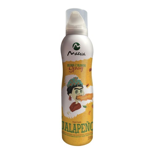 Butelka sprayu Maeva Oliwa z Oliwek Jalapeño o pojemności 200 ml. Opakowanie jest biało-żółte, z grafiką stylizowanej twarzy z płomieniami wydobywającymi się z ust oraz rozsypanymi papryczkami chili. Produkt pochodzi z Hiszpanii.
