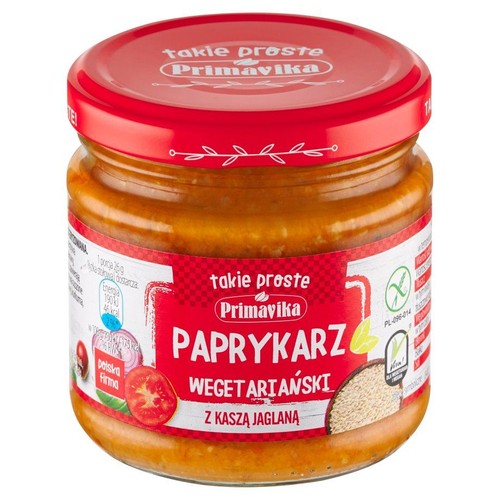 Primavika Paprykarz wegetariański z kaszą jaglaną w słoiku. Na czerwonej etykiecie widnieje nazwa produktu, informacja o polskiej firmie, symbol wegański i bezglutenowy. Zawiera 45 kcal na porcję 26g.
