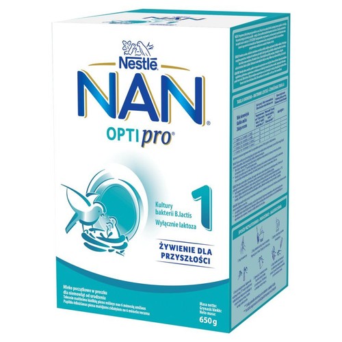Biało-niebieskie pudełko Nestle NAN OPTIpro 1, mleko w proszku dla niemowląt. Masa netto 650 g. Z bakteriami B.lactis.