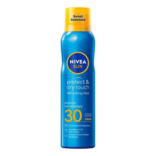 Niebieski balsam w aerozolu Nivea Sun SPF 30, 200 ml, z żółtą nakrętką. Opakowanie z napisem "Protect & Dry Touch".