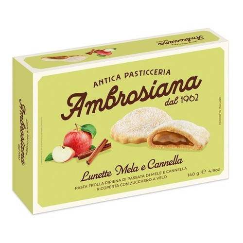 Opakowanie Antica Pasticceria Ambrosiana Lunette Mela e Cannella. Grafika przedstawia ciastka kruche z nadzieniem jabłkowo-cynamonowym i cukrem pudrem. Widoczne jabłko i laski cynamonu.