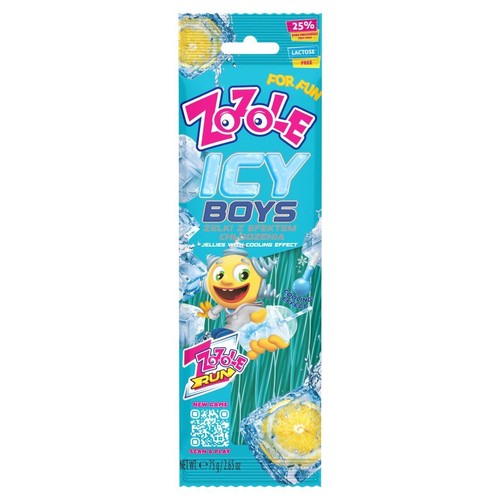 Niebieskie opakowanie żelków ZOOLE ICY BOYS z efektem chłodzenia. Produkt bez laktozy, zawiera 25% mniej cukru. Na opakowaniu grafika kostek lodu, plasterków cytryny i wesołej postaci. Waga netto 75g.