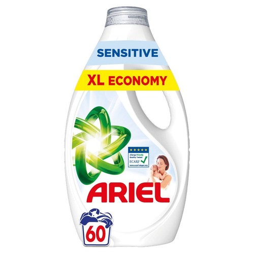 Butelka płynu do prania Ariel Sensitive, certyfikat ECARF. Duże opakowanie na 60 prań.