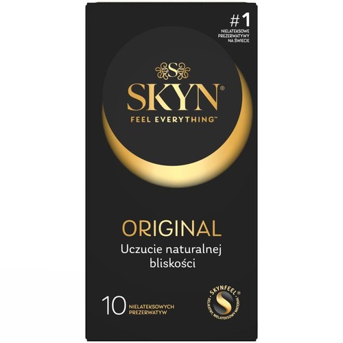Opakowanie 10 nielateksowych prezerwatyw SKYN Original. Czarne z złotym logo i napisem "Poczuj wszystko".
