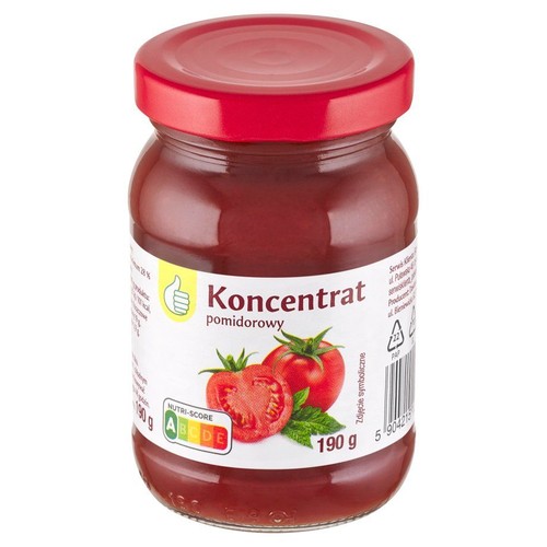 Słoik koncentratu pomidorowego z czerwoną zakrętką. Na etykiecie napis "Koncentrat pomidorowy" i grafika pomidorów. Waga 190 g.