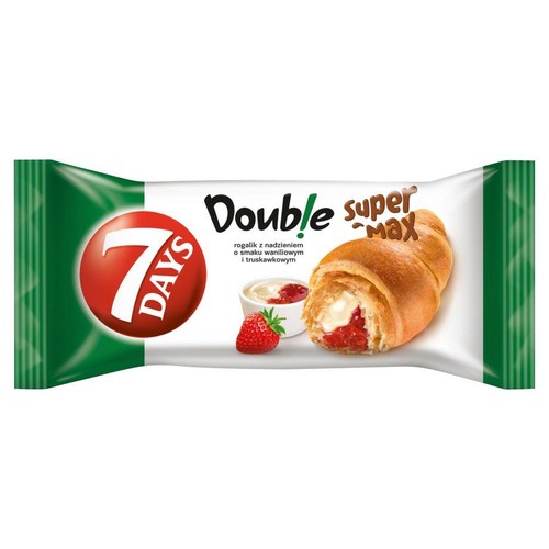 Opakowanie 7 DAYS Double Super Max. Grafika przedstawia rogalik z nadzieniem waniliowym i truskawkowym, miseczkę z kremem i truskawkę.