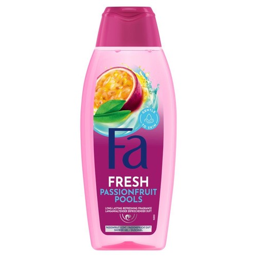 Różowy żel pod prysznic Fa Fresh Passionfruit Pools. Na etykiecie grafika marakui i liści. Delikatny dla skóry.