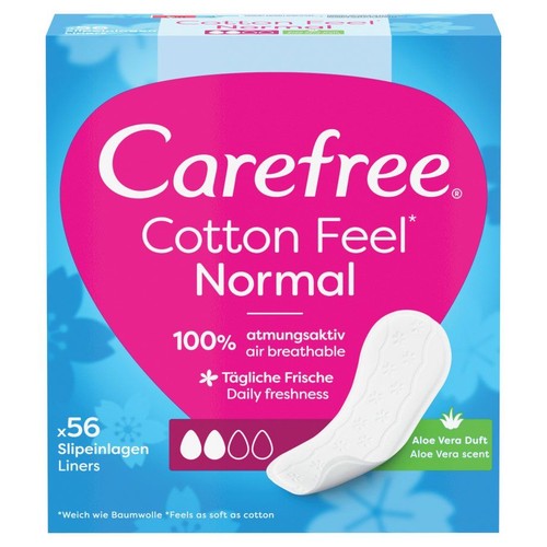 Opakowanie wkładek higienicznych Carefree Cotton Feel Normal, 56 sztuk. Zapewniają codzienną świeżość.
