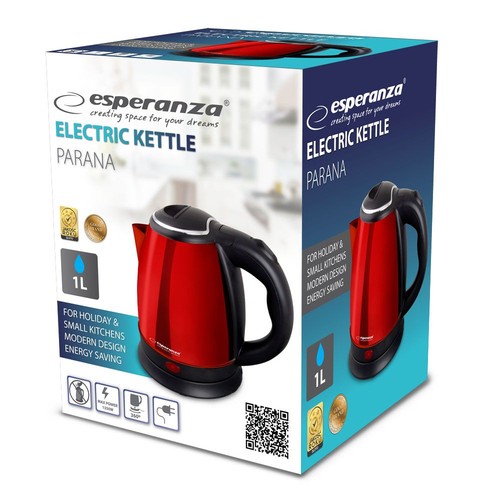 Czerwono-czarny czajnik elektryczny Esperanza PARANA o pojemności 1 litra. Posiada nowoczesny design, jest energooszczędny i idealny do małych kuchni lub podróży. Maksymalna moc 1350W, obrotowa podstawa 360 stopni.