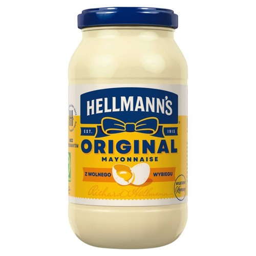 Słoik majonezu Hellmann's Original z niebieską zakrętką. Na etykiecie napis "Z wolnego wybiegu" i grafika jajka.