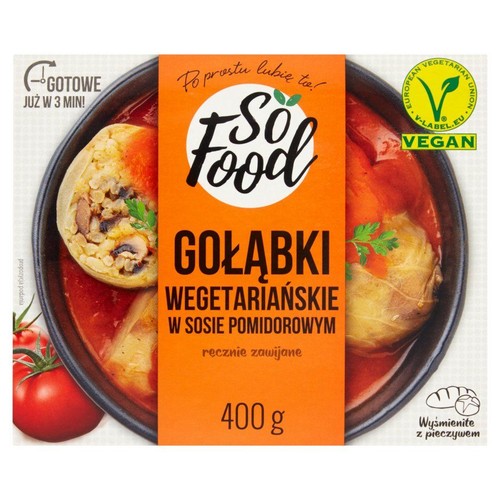 So Food Gołąbki Wegetariańskie w sosie pomidorowym, 400g. Gotowe w 3 minuty. Produkt wegański.