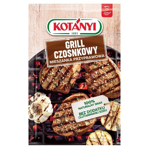 Kotanyi Grill Czosnkowy, mieszanka przyprawowa. Opakowanie z grafiką grillowanych steków i czosnku. Bez dodatku glutaminianu sodu.